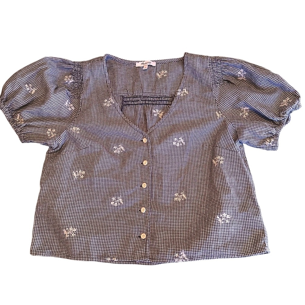 Madewell Black Gingham Floral Blouse S Embroidered Puff Sleeve Cottagecore Top - Picture 2 of 12